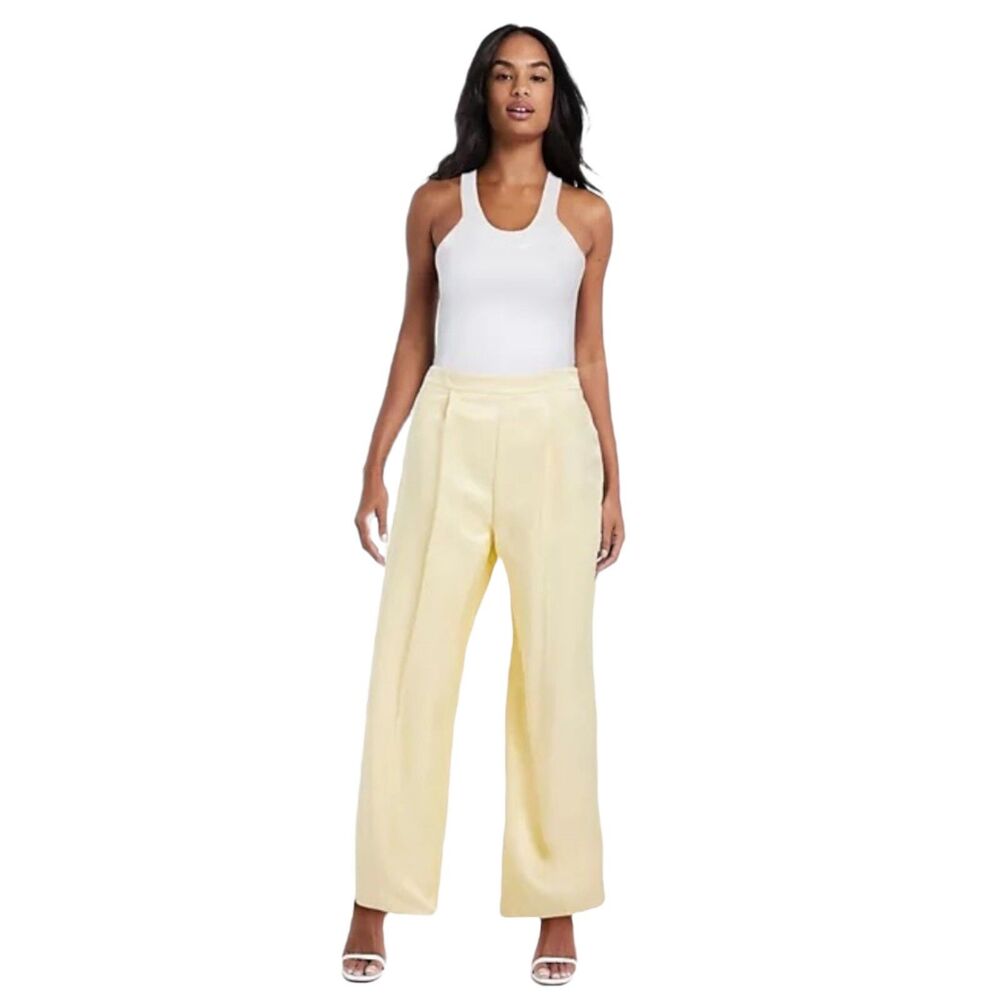 ASOS Light Yellow Twill Satin Buttermilk Pleated Side Zip Wide Leg Pants Size 2